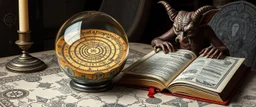 map of labyrinth contained in a glass ball with elemental sigils and symbols on a table beside a book called Riddles of a Forgotten Age with weird illustrations, being read by an imp