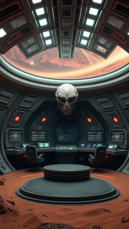 An alien inside A spectacular interior inside a ufo spaceship with a control center with futuristic architecture on the planet Mars, using the Dune color palette, Photo realistic