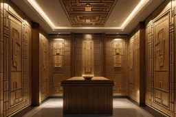 A three-dimensional meeting room divided into three walls with wooden panels engraved with Pharaonic hieroglyphics, with hidden lighting inside the wooden paneمs, alternating with marble panels cladding.