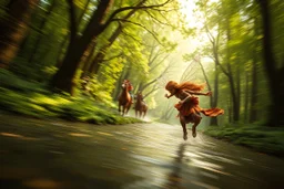 oil painting ,motion blur running caped long haired pixie Quickling - Forgotten Realms dodging harpies above water and along winding branches in lush green forest along speeding horses , bokeh like f/0.8, tilt-shift lens 8k, high detail, smooth render, down-light, unreal engine, prize winning