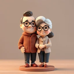 Create a cute premium 3D animated collectible figurine scene of the uploaded couple, using their photo only as the identity reference. Turn them into an adorable husband and wife standing close together on a small round display base. Preserve their recognizable age, facial features, hairstyle, glasses if present, skin tone, and warm loving expressions, but render them in a soft Pixar-style/clay-toy figurine look. The man stands on the left with a gentle smile, one arm lovingly around the woman's