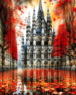 Milan Cathedral. Amanda Clark, Zdzisław Beksiński, Jacek Yerka and Yossi Kotler style mix, surreal whimsical autumn landscape, watercolor- fall foliage is almost over. A beautiful red maple clings to the last of its leaves and a flock of small birds nestled on its branches, watercolour and ink illustration, wet-on-wet, loose water effects, white, red and golden paint splatter, voronoi pattern, richly textured, fluffy clouds, beautiful vibrant colors, opalescent gradient. Modifiers: intricate bea