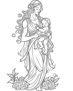 mother coloring page, full body (((((white background))))), only use an outline., real style, line art, white color, clean line art, white background, Sketch style