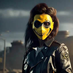 A badass Sofia Buttela wearing a scream mask, atmospheric, realistic, yellow leather trench coat, unreal engine, cinematic lighting, octane render.