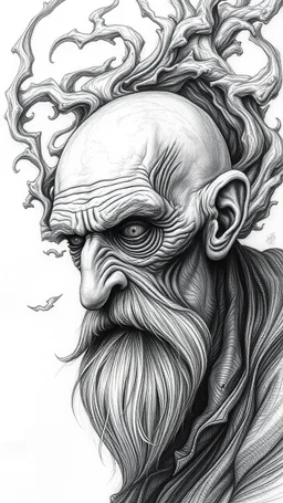 ππ§π€π’π₯π© highly detailed graphite illustration, A surreal old man figure with exaggerated anatomical features, heavily wrinkled skin, and an intense, contemplative expression. bald head, thick eyebrows, long beard merge into swirling abstract shape. Mysterious, introspective, dreamlike, somewhat dark fantasy. #ππ§πart #prompt
