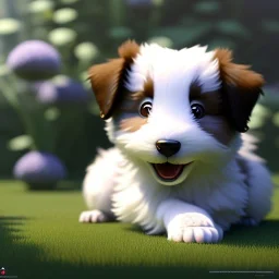 pixar style, volumetric garden environment and background, realistic painting of a cute midget collie puppy laying on the ground, looking excited, detailed digital painting, extreme dense and fine fur, anime, ornate, colour-washed colors, elegant, small minutiae, tiny features, particulars, centered, smooth, sharp focus, renderman gofur render, 8k, uhd, detailed eyes, realistic shaded volumetric lighting, sunlight caustics, backlight, centered camera view