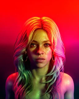 portrait, Shakira, blonde artist, Realistic image, drinking a strawberry milkshake, gold line make-up, sweat, fog, goddess style, Neon colors, leds. Black background, photo studio, concept art, smooth, unreal engine 5, god lights, ray tracing, RTX, lumen lighting, ultra detail, volumetric lighting, 3d, finely drawn, high definition, 4k.