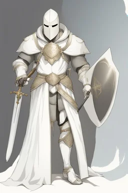 Knight wearing white robe armor and white cape with white mask, sword, and shield