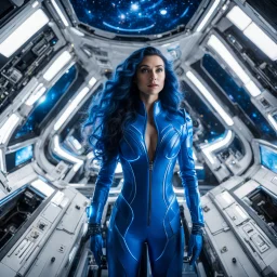 wide-angle photo of a tall thin woman in an electric blue suit, with long glowing blue wavy hair, on a space station with views into space