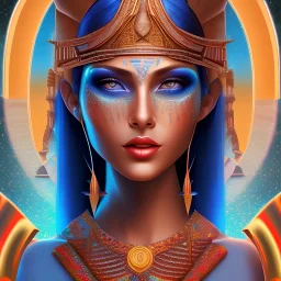 3D close-up of a beautiful Arab pharaonic girl, sarcastic smile, high contrast, glowing backlighting, blue and red backlighting, vibrant hair, dark brown eyes, sharp focus, high makeup, medium face painting, background blur.