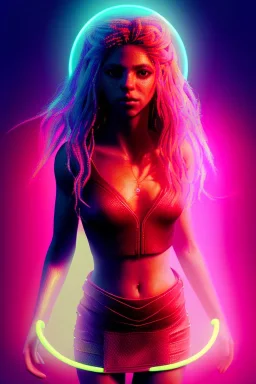 Shakira, artist, 30 years old, Realistic image, waist up portrait, etro style dress. Blonde, loose long hair, eyes make up, perfect, glow, circle iris. Neon colors, leds, geometric shapes. Dark background, photo studio, neon lights. Cyberpunk, concept art, smooth, unreal engine 5, god lights, ray tracing, RTX, lumen lighting, ultra detail, volumetric lighting, 3d, finely drawn, high definition, 4k.