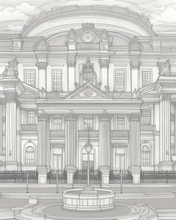 a coloring page, depicting the Buckingham palace, black and white, line art, outline, highly defined lines, hand drawn, grayscale