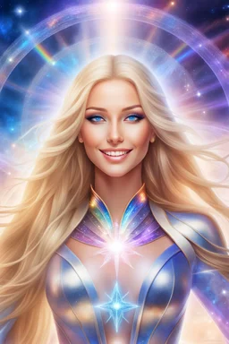cosmic woman smile,beautiful ufos rainbow, admiral from the future, galactic confédération, fine whole face, crystalline skin, expressive blue eyes,rainbow, smiling lips, very nice smile, costume pleiadian, Beautiful tall woman pleiadian Galactic commander, ship, perfect datailed golden galactic suit, high rank, long blond hair, hand whit five perfect detailed finger, amazing big blue eyes, smilling mouth, high drfinition lips, cosmic happiness, bright colors, blue, pink, gold, jewels, realist,