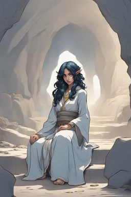 Dnd character on her knees in a cave. A female Elf twilight cleric with curly black and blue hair and golden eyes, wearing gray robes. Etheral, beautiful, strong.