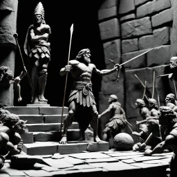 (stop-motion animation style of Ray Harryhausen) The climax of the Odysseus saga, a moment of intense suspense and revelation. Odysseus with his iconic bow, the wily hero, facing his ultimate challenge as he confronts the suitors in his own home. The tension mounts as he reveals his true identity and executes his masterful plan to reclaim his kingdom and reunite with his beloved Penelope. The climax pulses with drama and emotion, as Odysseus proves his cunning and strength in a final showdown th