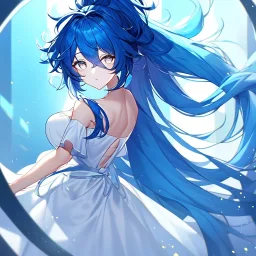 girl, masterpiece, best quality, volumetric lighting, detailed outfit, perfect eyes, blue hair, long hair, vibrant white eyes, ponytail, messy hair, white dress,