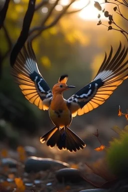 The image of the hoopoe flying through the air in a magical, imaginative and realistic way. He is filmed from a very far away place in the autumn world, and is filmed without his knowledge from inside one of the branches with people who ignorantly worship the sun.