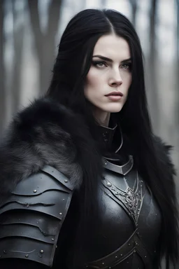 portrait of a athletic woman warrior, long black hair, redish eyes, pale skin, black medieval armor, black wolf pelt over her shoulders.