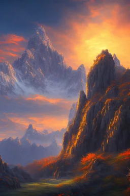 big rock mountains with and orange dawn sky with no clouds close montains anime style