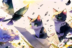 two cute anime chibi cats on either side of the picture looking at a pigeon in the top centre of the picture, flying with an envelope in its mouth in sunshine, flowerfield, watercolor and black ink outlines, ethereal, cinematic postprocessing, bokeh, dof