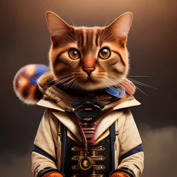 Hermosa ilustración steampunk coloreada arte lineal de un gato antropomorfico con traje de esquiador, esquiando en la nieve, calidad ultra, hiperdetallado,12k