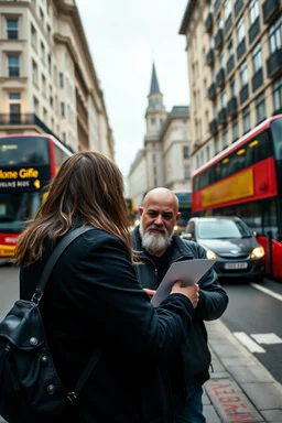 A stalker wants an autograph from a long-haired rock musician on a street in central London. The stalker is an overweight soon bald 25-year-old and looks a bit slimy, the atmosphere is oppressive and unpleasant, lot of traffic and london busses, hectic hour, a nice hotel