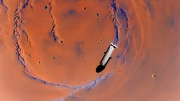 A Tesla semi-truck is racing at top speed, across the 'Cydonia' region, on planet Mars. CINEMATIC. WIDE ANGLE LENS.