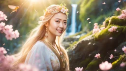 Portrait of a gorgeous smiling asian goddess with a golden taned skin, long smooth blonde hair, blue eyes, in a sci-fi outfit with luminous strikes in a hill of flowers with sakura trees, a small torrent, loads of mini flowers, moss, sun rays through the branches, particles in the air at spring