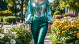 fullbody girl makeup wearing a dark green-silver victorian top and pants walking in moder city of 2040 park ,flowers ,pretty clouds in blue sky,city escape.