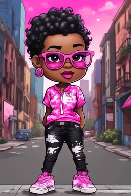 create an pop punk illustration of a chibi cartoon voluptuous black female. Wearing a tye dye blouse and tight black jeans with hot pink Nike sneakers. Prominent make up with hazel eyes and she is wearing pink glasses. Extremely Highly detail of a very low platinum shiny black pixie haircut. Background of a busy city street. 2k