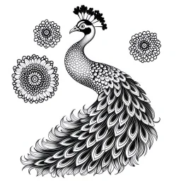 white, A peacock have a two foot white sunflower decoration, line art, white background, outline, with images neatly contained within the background, just black and white color, full body, no color. Looking front , front view, 8k