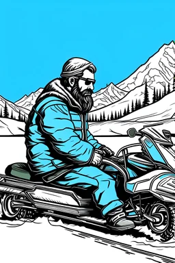 woodcut of male polar explorer with beard in profile. He is sitting on a snowmobile/snøscooter. The background is arctic mountain. The artwork is light blue, white, and black colored
