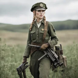 [standing in a Cornwall field] A woman elf, clad in a dirty World War I worker's uniform, her delicate features stark against the rugged attire. But what truly caught the eye was the heavy machine gun she carried with ease, a juxtaposition of elegance and power that defied conventional stereotypes.