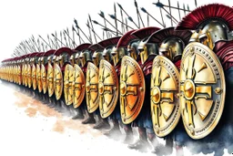 Scene from the movie "300" with a row of Spartans in a phalanx alignment with elaborate shiny Spartan Shields lined up in a row, watercolor and ink, dramatic, arrows in the air,