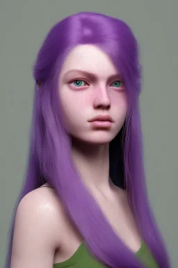 long purple haired human girl with bright green eyes