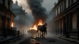 dusting of snow, Victorian London Street in ruins, flames and smoke billows from smashed windows, a horse is running toward the viewer, the horse is on fire, war scene, Apocalyptic, photo-realistic, widescreen, cinematic,