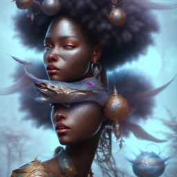 sango fantasy, fantasy magic, intricate, sharp focus, illustration, highly detailed, digital painting, concept art, matte, masterpiece head sexy view black African beauty black afro hair space lady turquoise carp skin African space landslide