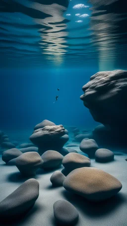 Подводные Скалы. Показать спокойную гладь воды, под которой едва угадываются острые скалы.