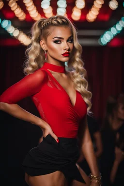 Beautiful girl dancer, blonde hair , bold lipstick, night club stage, braided bangs, braided bobcut, solo, 18yo,(on back:1.2) ,red midi dress, portrait