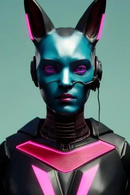 Medium Close Up Portrait, Front image. cyberpunk, rabbit mask, sweet woman, black hair and beard. latex suit army. Pink, black, blue, color. Cyborg style. Color background, photo studio. Avatar image, highly detailed, concept art, smooth, unreal engine 5, ray tracing, RTX, lumen lighting, ultra detail, volumetric lighting, 3d, finely drawn, high definition, high resolution.