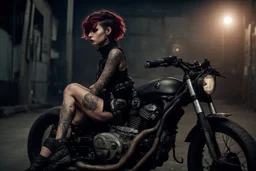 scarred cyberpunk vampire girl with tribal tattoos short curly cyberpunk hair riding a black cafe racer motorcycle in a post apocalyptic industrial wasteland at night