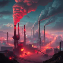en framtidsvision med industri, robotar och en överhypad storstad, neon och rök, smog från stora industrier i bakgrunden som ryker från skorstenar, öde landskap, dystopi, simon stålenhag style