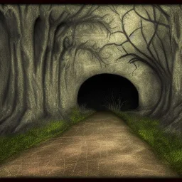 knight, cave, tunnel, Photo Realistic, painting, creepy trees