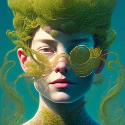 beautiful illustration of a face made of ribbons of seaweed, ultra sharp, glare, made of light, in the style victo ngai and sam guay and abigail larson and moebius, rim light, vibrant moody colors, plain background, dramatic lighting, unreal engine