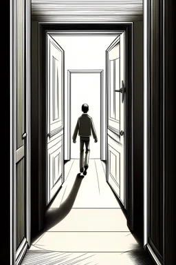 Draw of Two men opening a close door in the end of corridor