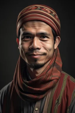 30-year-old man with a handsome Indonesian face wearing an Islamic sarong and peci kartun