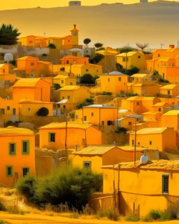 A yellowish orange colored village with microphone shaped houses painted by Auguste Rodin