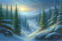 realistic winter landscape with elements of fractal painting, mighty firs, pines, everything is harmonious and beautiful, frost glitters in the air, super detail, clear quality, winter transparency of icy air, high resolution, Josephine Wall. Thomas Kinkade, Jacek Yerka