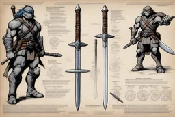 series of weapons concept sheet with AD&D statistics and characteristics, [high res illustration by Kevin Eastman and Peter Laird for TMNT module T04] leonardo's katana, michelangelo's nunchaku, donatello's bo staff, raphael's sai