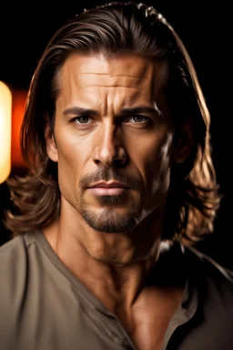 portrait of a 40 year old Handsome, rugged and muscular male with lightly tanned skin. long brown hair slicked back and a goatee beard. mean looking. photorealistic